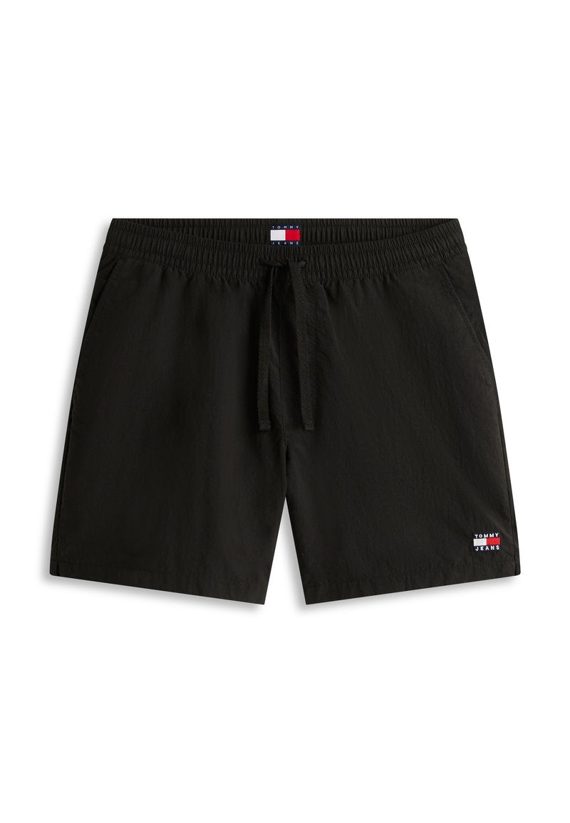 Schwarze Badeshorts für Herren mit elastischem Bund, Kordelzug, seitlichen Taschen und Tommy Jeans-Logo auf dem Bund und am linken Bein.