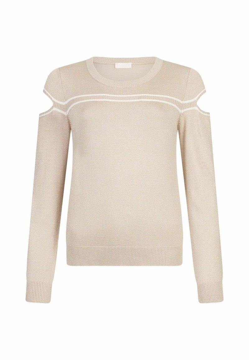 Beige Strickpullover mit Ausschnitten an den Schultern, gerippten Bündchen und Rundhalsausschnitt. Mit horizontalem weißen Streifen auf der Vorderseite. Weicher Stoff.