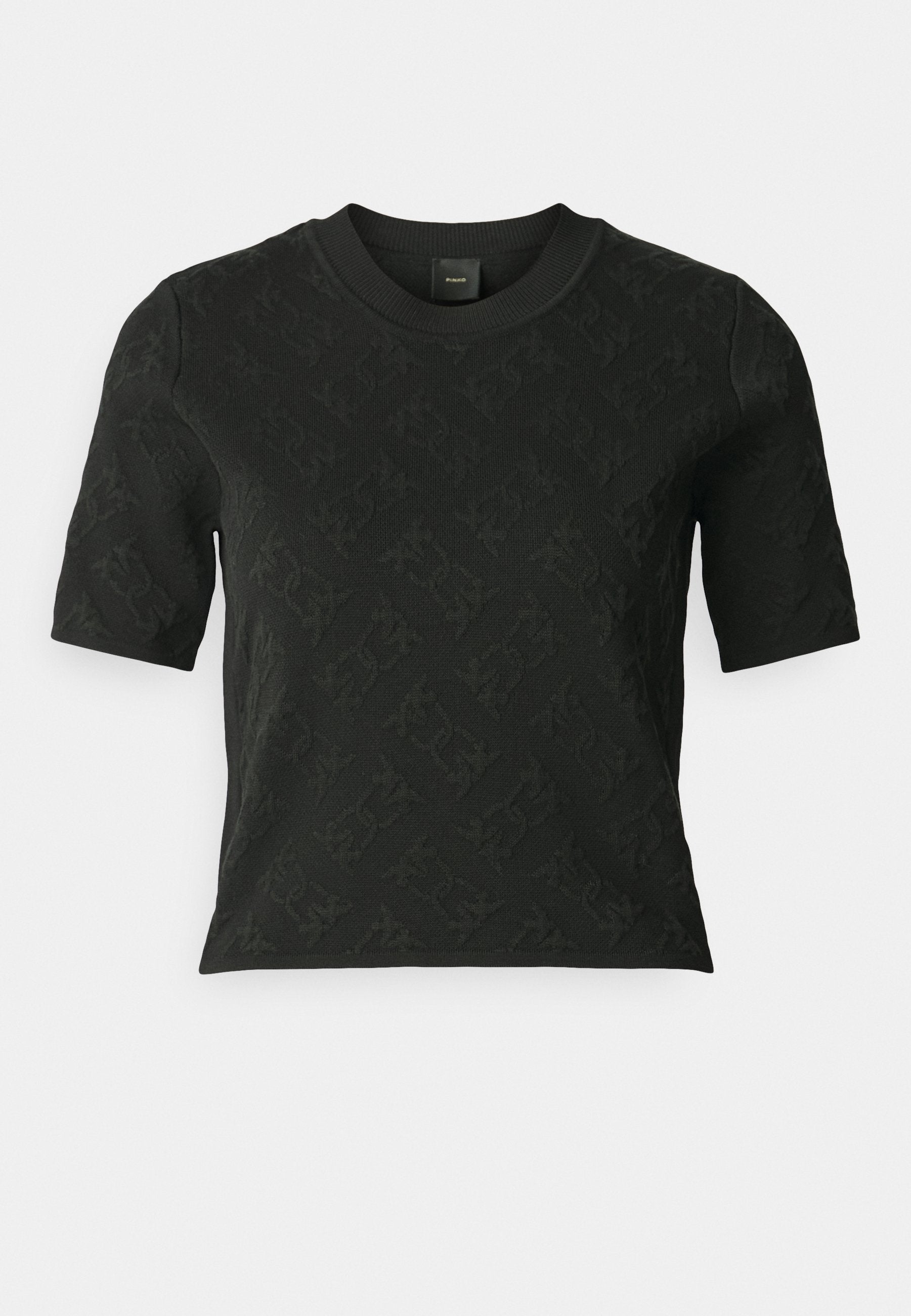 Schwarzer kurzärmliger Pullover mit einem strukturierten Muster, ausgestattet mit einem Rundhalsausschnitt und einer figurbetonten Passform. Hergestellt aus einem weichen Stoff.