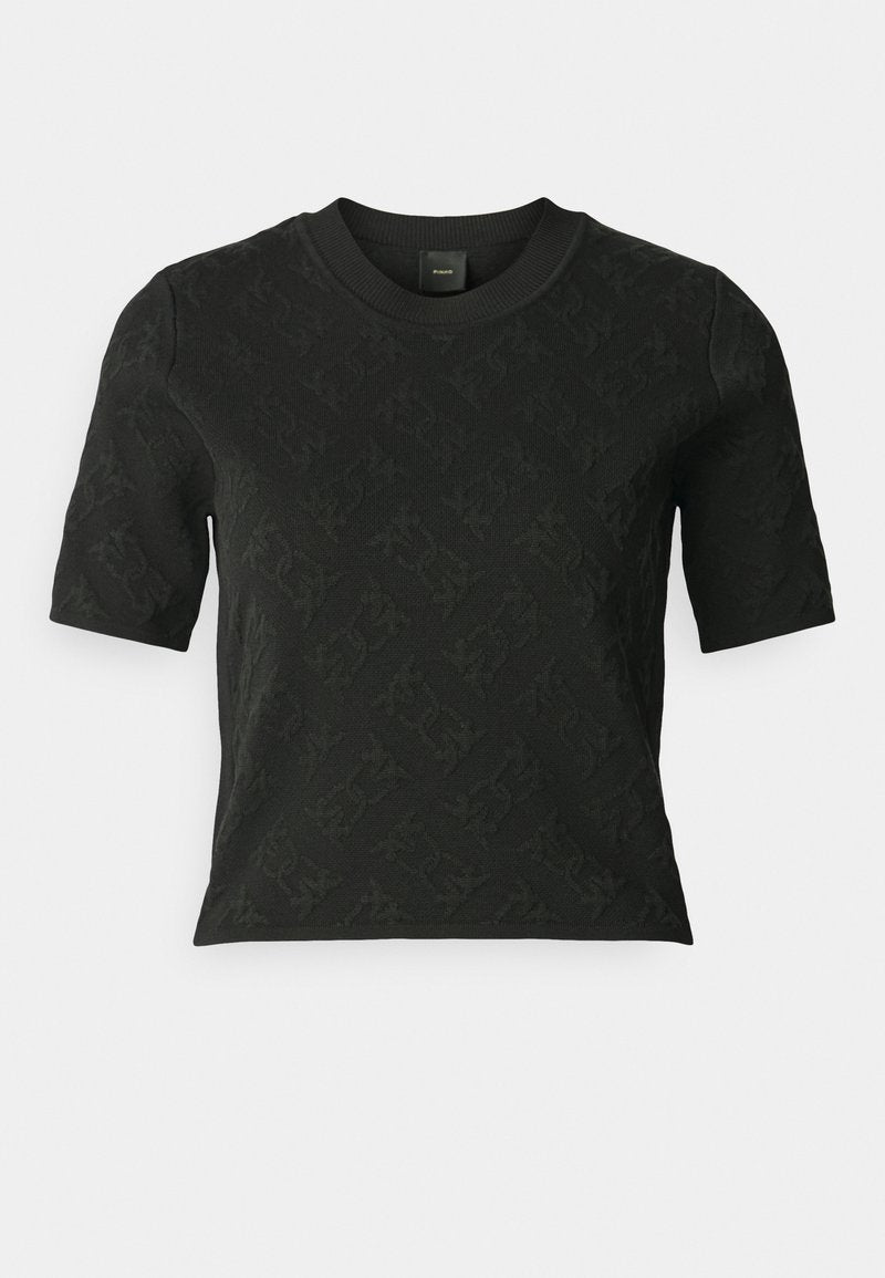 Schwarzer kurzärmliger Pullover mit einem strukturierten Muster, ausgestattet mit einem Rundhalsausschnitt und einer figurbetonten Passform. Hergestellt aus einem weichen Stoff.