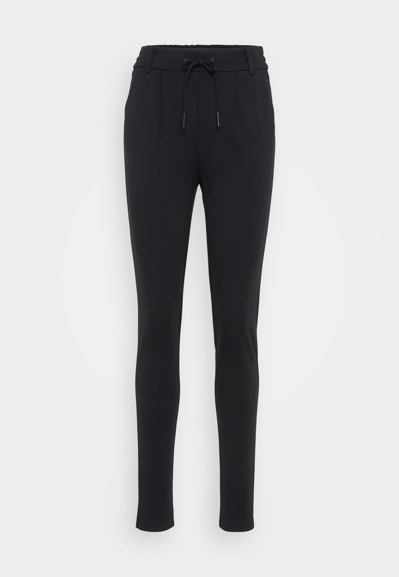 Schwarze, schmal zulaufende Jogginghosen aus einem weichen, dehnbaren Material. Mit einem elastischen Bund und Kordelzug sowie seitlichen Taschen. Glatte Textur.