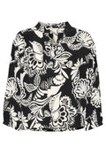 Schwarz-weiße Bluse mit langen Ärmeln, Kragen, lockerer Passform, mit auffälligen Blumenmustern und geschwungenem Saumdesign.