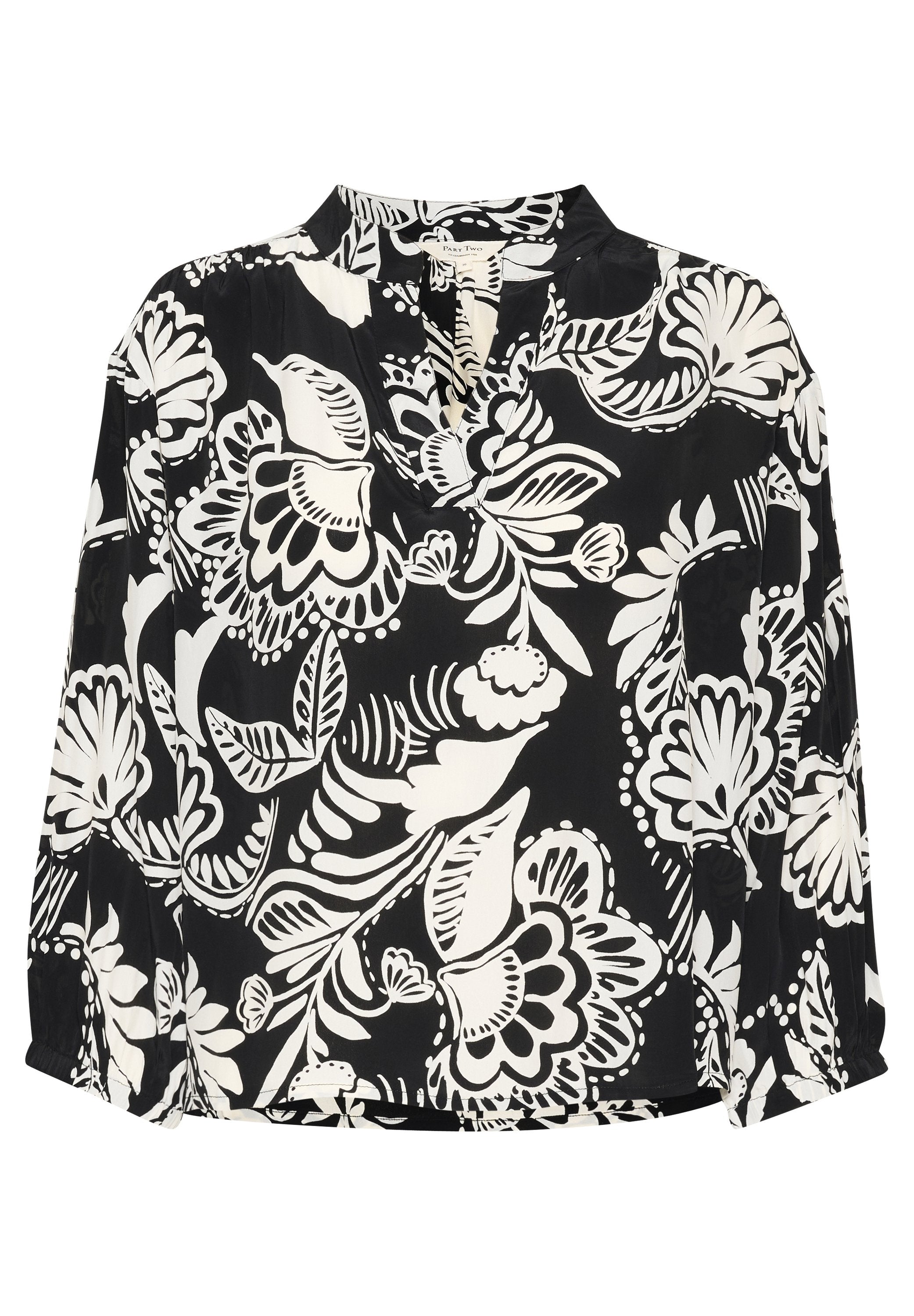 Schwarz-weiße Bluse mit langen Ärmeln, Kragen, lockerer Passform, mit auffälligen Blumenmustern und geschwungenem Saumdesign.