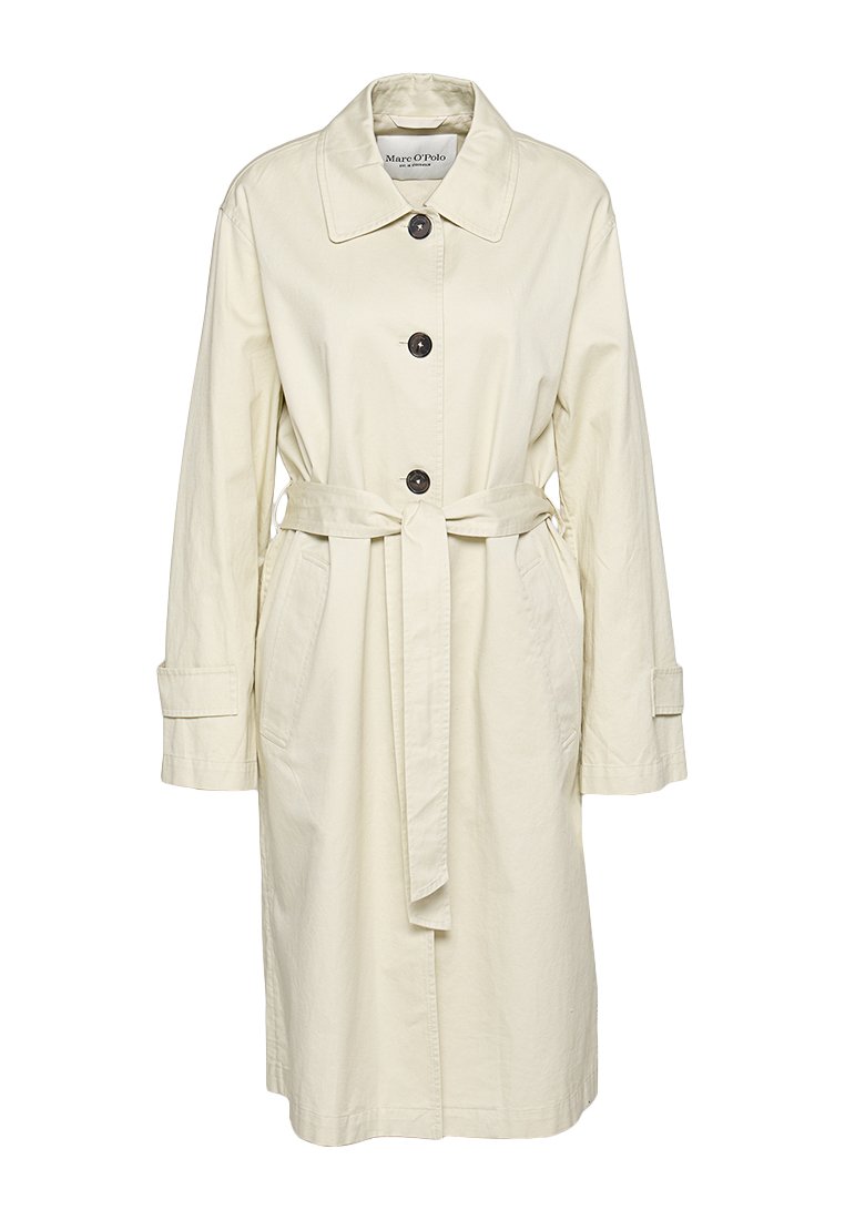Lang beige Trenchcoat mit weitem Kragen, drei Knöpfen, Taillengürtel und Manschettenriemen.