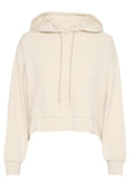 Gecropptes, cremefarbenes Hoodie aus weichem Stoff mit Kordelzugkapuze, weiten langen Ärmeln und minimalistischem Design.