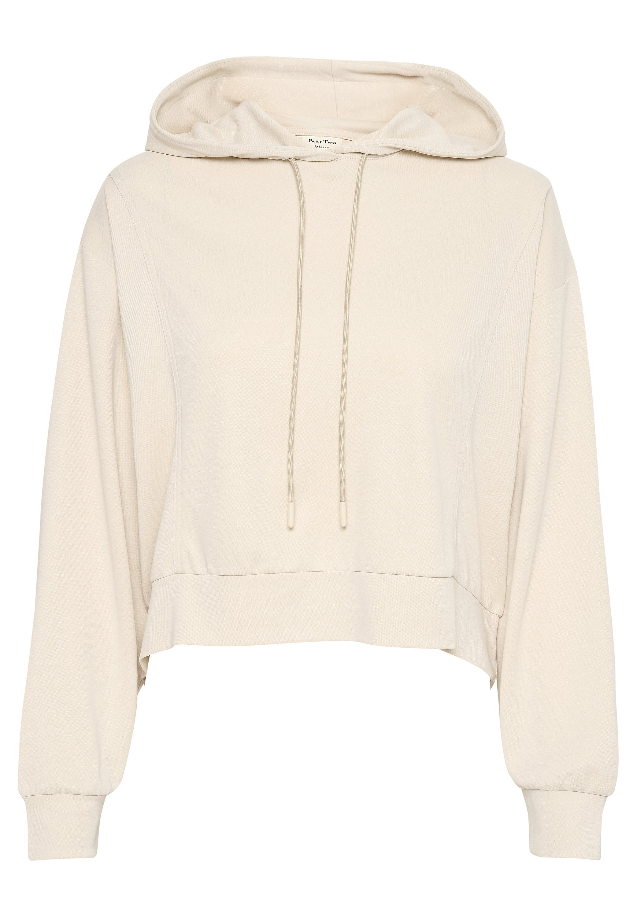 Gecropptes, cremefarbenes Hoodie aus weichem Stoff mit Kordelzugkapuze, weiten langen Ärmeln und minimalistischem Design.