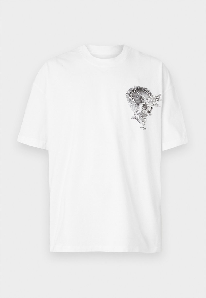 Weißes T-Shirt aus Baumwolle mit Rundhalsausschnitt. Auf der Vorderseite befindet sich eine schwarz-graue Grafik eines Schädels mit einem Adler und blättrigen Akzenten.