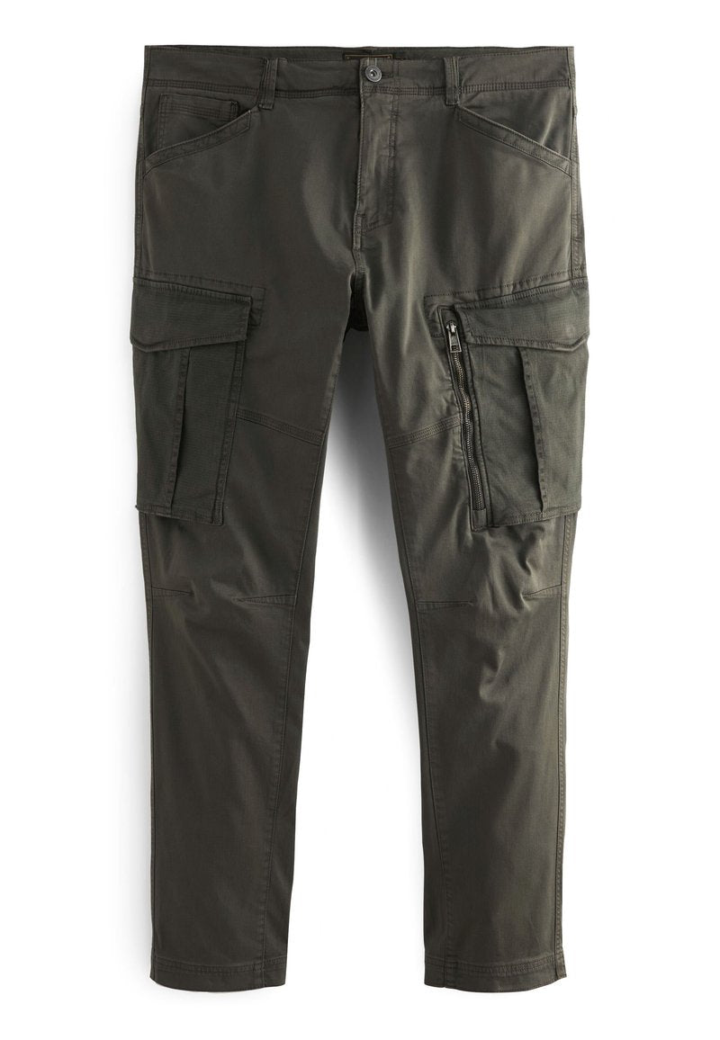 Olivgrüne Cargo-Hosen aus strapazierfähigem Stoff, mit mehreren Seitentaschen, einer mit Reißverschluss versehenen Tasche und einem geraden Bein-Design.