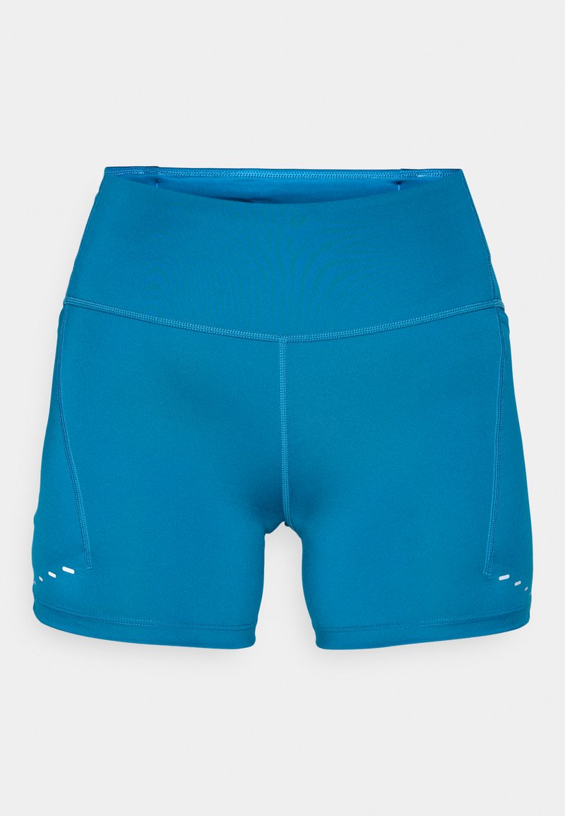 Aqua-blaue Sportshorts mit hohem Bund, glatter Textur und seitlichen Ausschnitten mit weißen Akzenten. Hergestellt aus dehnbarem, feuchtigkeitsableitendem Material.
