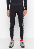 Schwarze Sportleggings mit enganliegendem Schnitt, ausgestattet mit einem neongrünen, gemusterten Streifen an den Seiten und einem elastischen Bund.