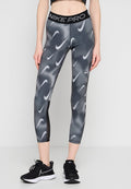 Schwarze und graue Nike Pro Leggings mit Wellenmuster, elastischem Bund mit "NIKE PRO" Schriftzug und gekürzter Länge.