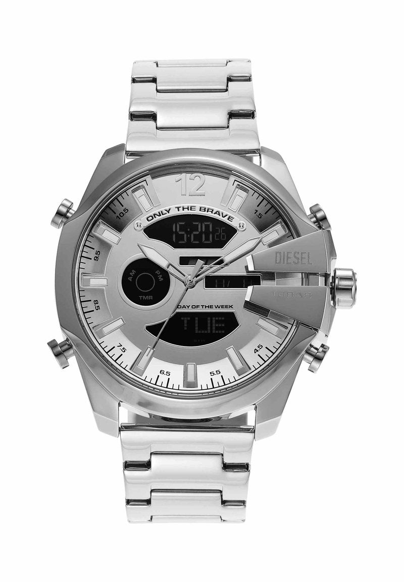 Silberne Diesel-Armbanduhr mit analogem und digitalem Display, drei Drückern, Zeit, Wochentag und dem Slogan „Only The Brave“ auf dem Zifferblatt.