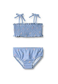 Helles blaues Bikini-Set mit einem gerafften Oberteil mit Rüschensaum und verstellbaren Bändern sowie passenden Unterteilen mit einem Blumendruck.