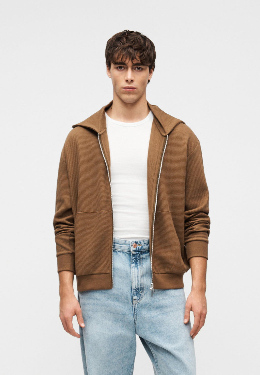 YOURTURN UNISEX WAFFLE RELAXED FIT ZIP-UP HOODIE
