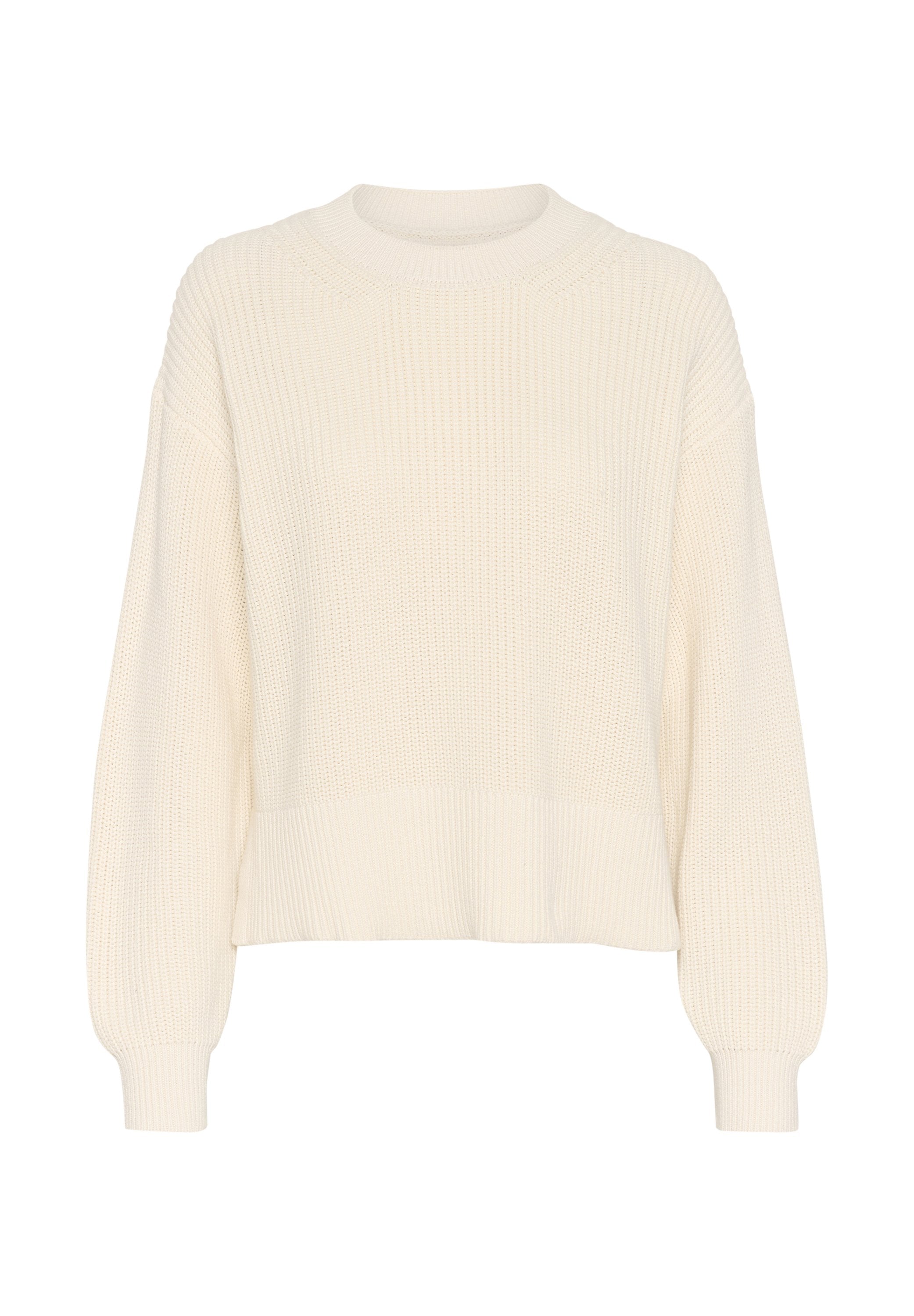 Cremfarbener Strickpullover mit rundem Ausschnitt, überschnittenen Schultern sowie gerippten Bündchen und Saum. Strukturmuster im gesamten Design. Verkürzte Länge.