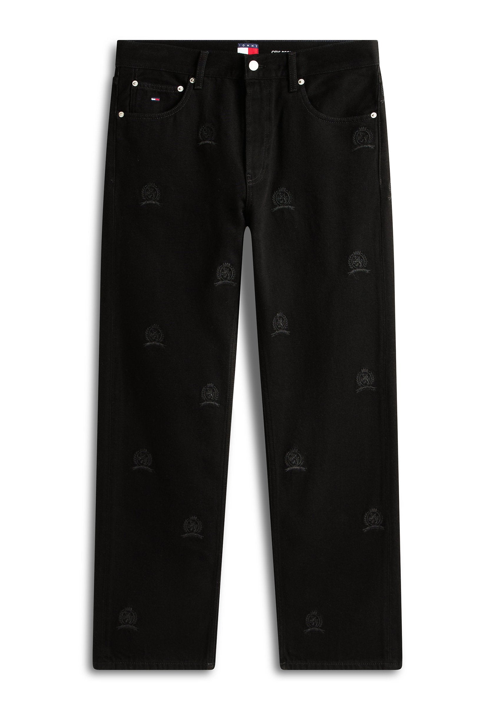 Schwarze Jeans aus Denim mit geradem Schnitt, versehen mit tonalen gestickten Logos und metallischen Details an Bund und Taschen.