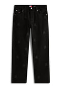 Schwarze Jeans aus Denim mit geradem Schnitt, versehen mit tonalen gestickten Logos und metallischen Details an Bund und Taschen.