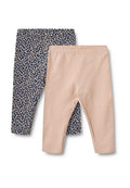 Zwei Leggings: eine navyfarbene mit einem kleinen Blumenmuster und eine einfarbige hellrosa. Beide haben einen elastischen Bund und ein schlankes Design.