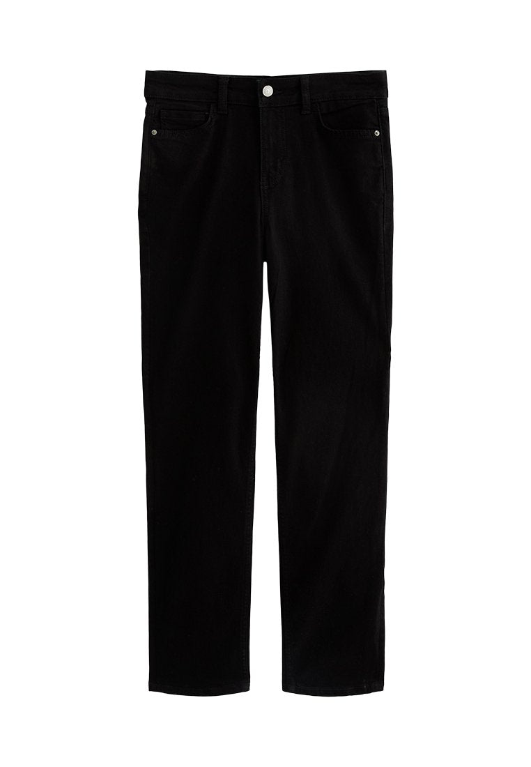 Schwarze Jeans aus Denim mit geradem Bein. Mit Vordertaschen, einem Knopfverschluss und minimaler Naht. Langlebiger Stoff.