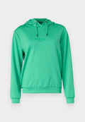 Grüne Kapuzenjacke aus weichem Stoff, mit Kordelzugkapuze, gerippten Bündchen und einem Logodruck auf der Brust. Einfaches und lässiges Design.