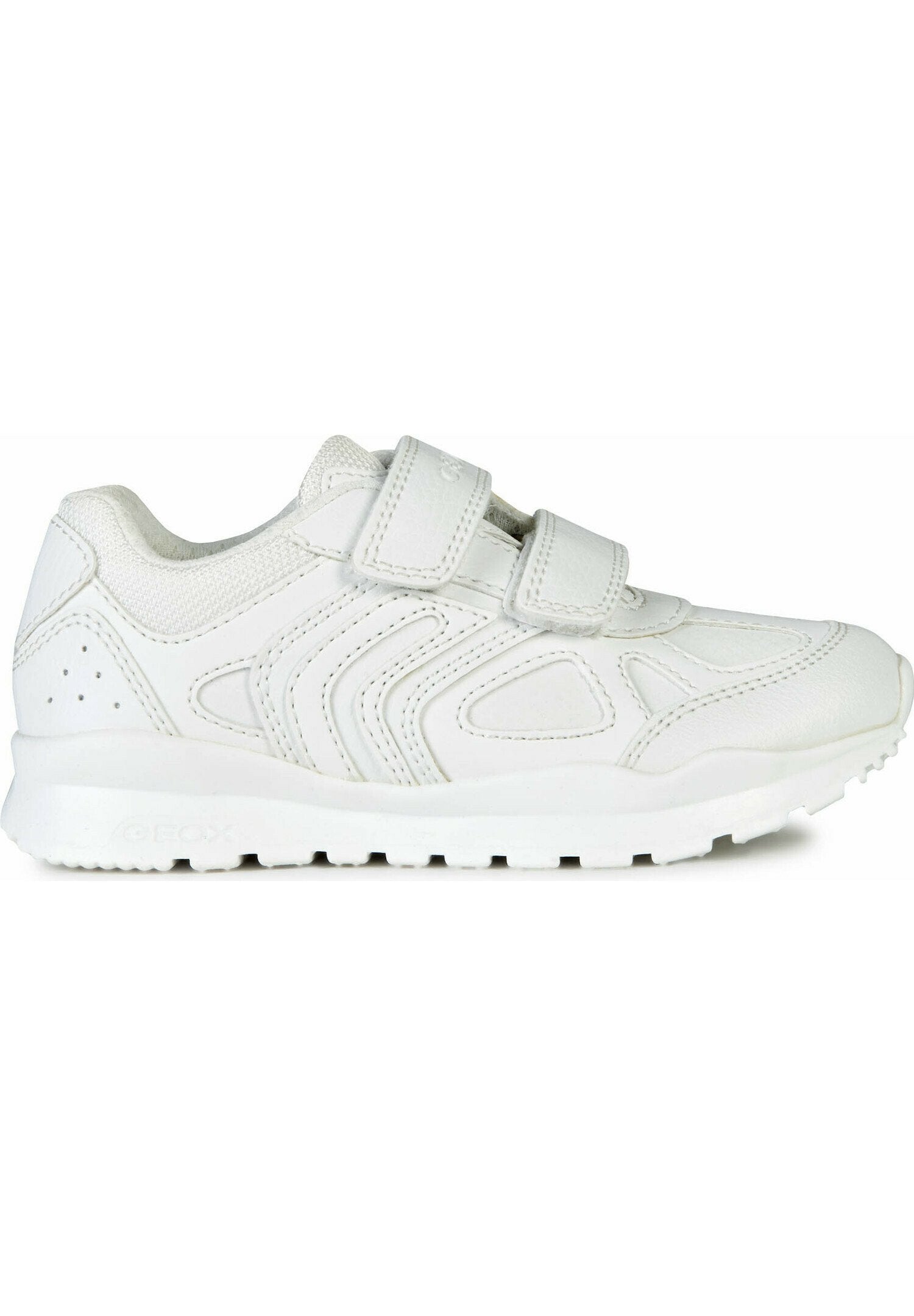 Weiße Sneakers mit einem Obermaterial aus glattem Leder und Mesh, ausgestattet mit zwei verstellbaren Klettverschlussriemen, runder Zehenpartie und einer strukturierten Gummisohle.