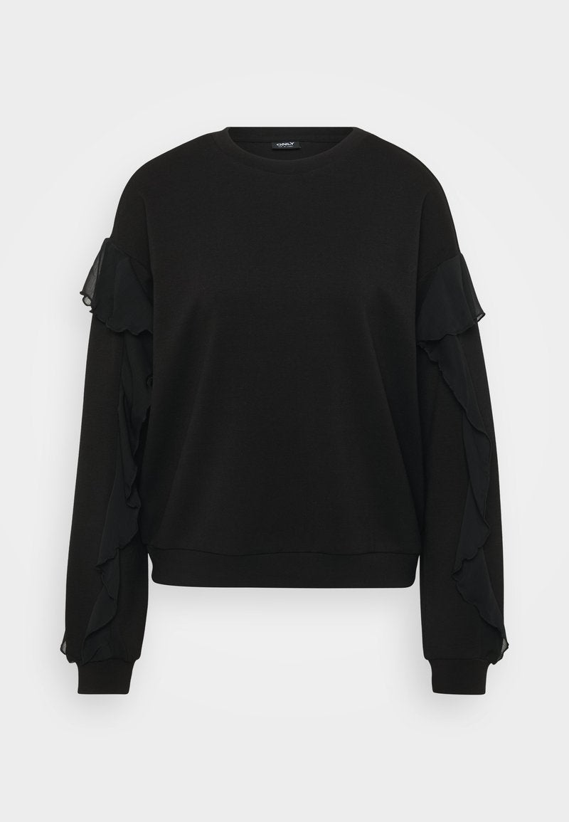 Schwarzer Sweatshirt mit Rüsche aus transparentem Stoff an den Ärmeln, runder Ausschnitt und gerippter Saum. Glatte Textur mit lockerer Passform.