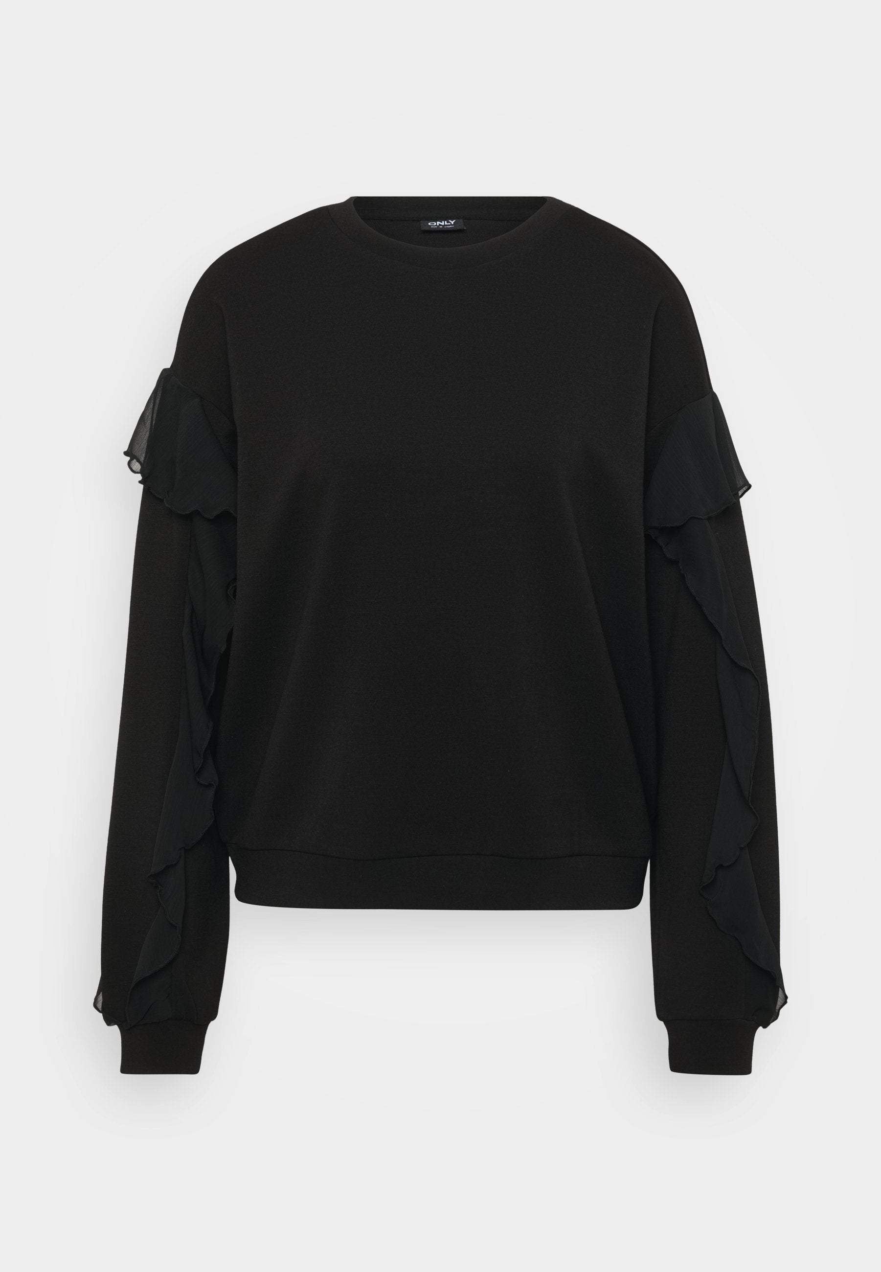 Schwarzer Sweatshirt mit Rüsche aus transparentem Stoff an den Ärmeln, runder Ausschnitt und gerippter Saum. Glatte Textur mit lockerer Passform.