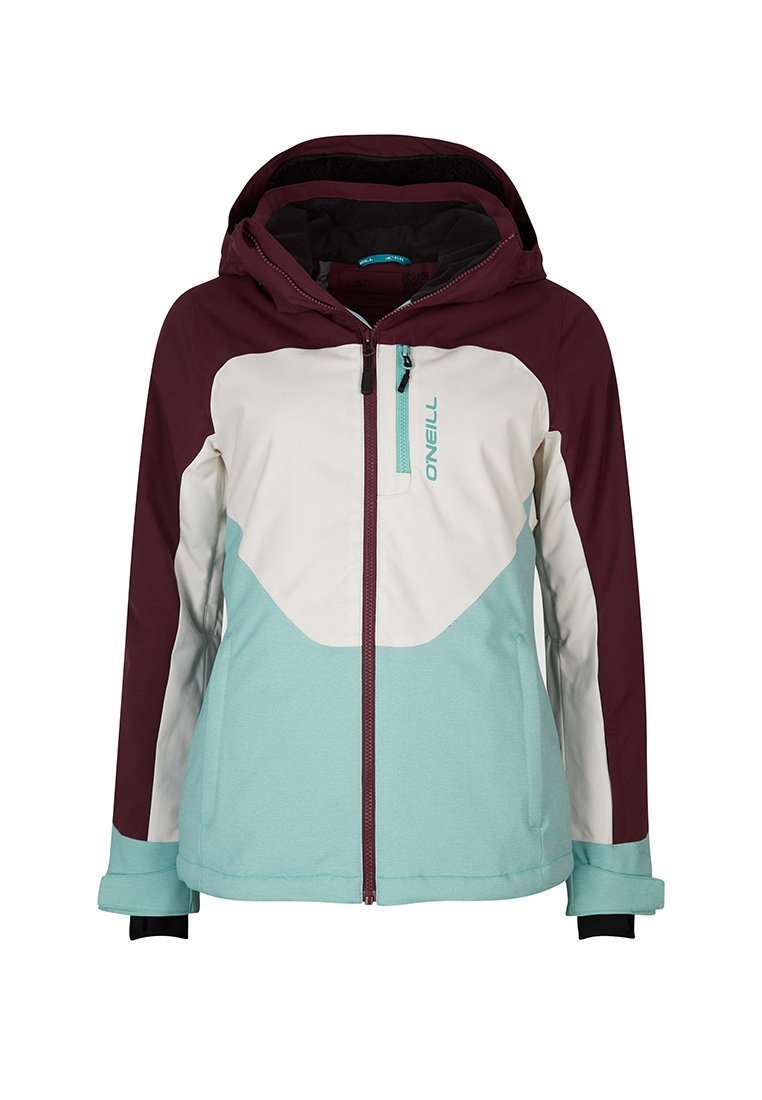 Maron-, Weiß- und Türkisfarbene Dreifarbjacke mit durchgehendem Reißverschluss, verstellbarem Kapuzen und strukturiertem Stoff. Mit Logo an der Seite.