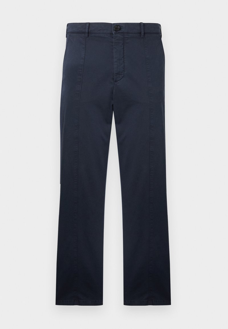 Marineblaue gerade geschnittene Hose mit Gürtelschlaufen, vorderem Knopf und Reißverschluss, flach auf weißem Hintergrund dargestellt.