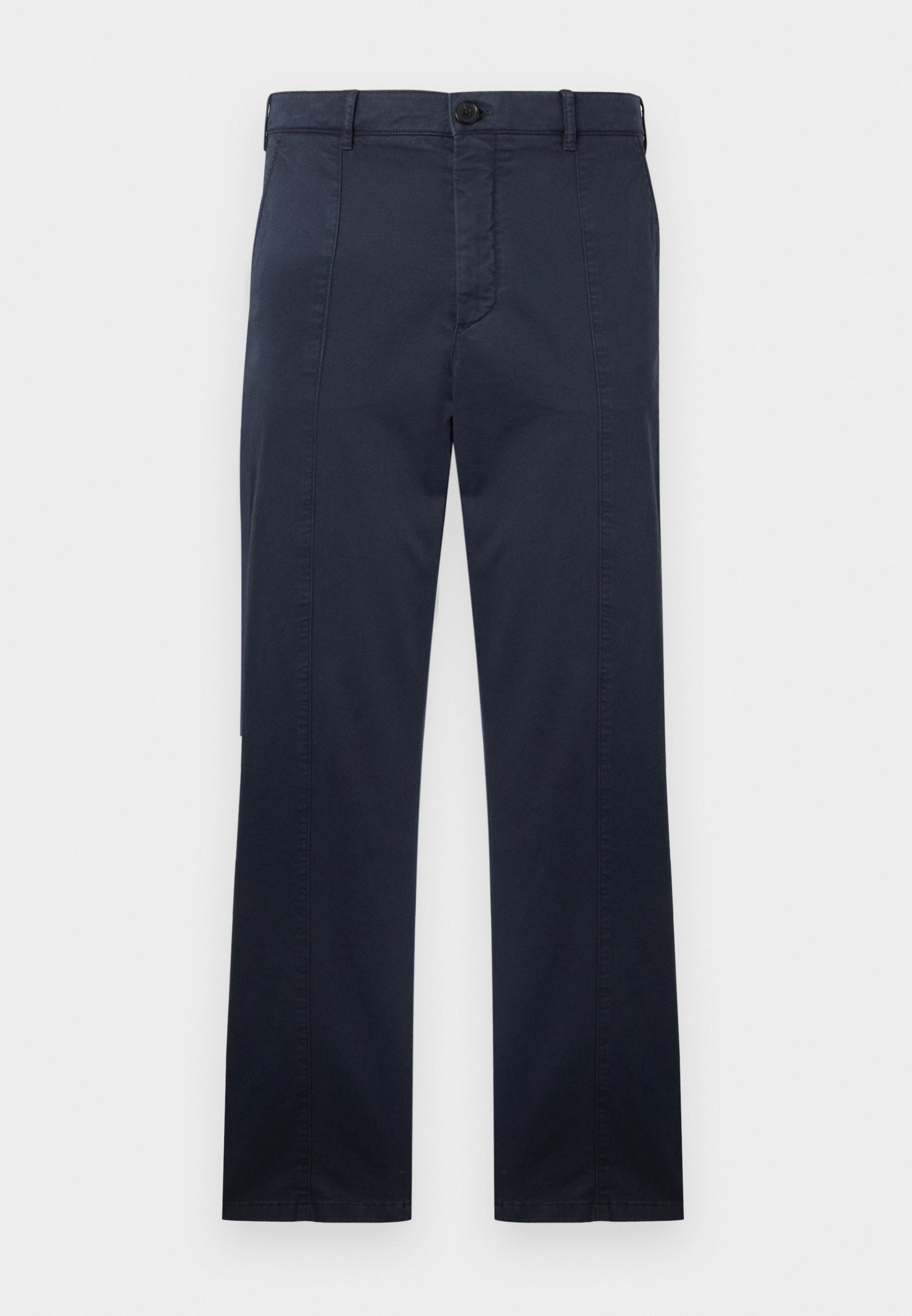 Marineblaue gerade geschnittene Hose mit Gürtelschlaufen, vorderem Knopf und Reißverschluss, flach auf weißem Hintergrund dargestellt.