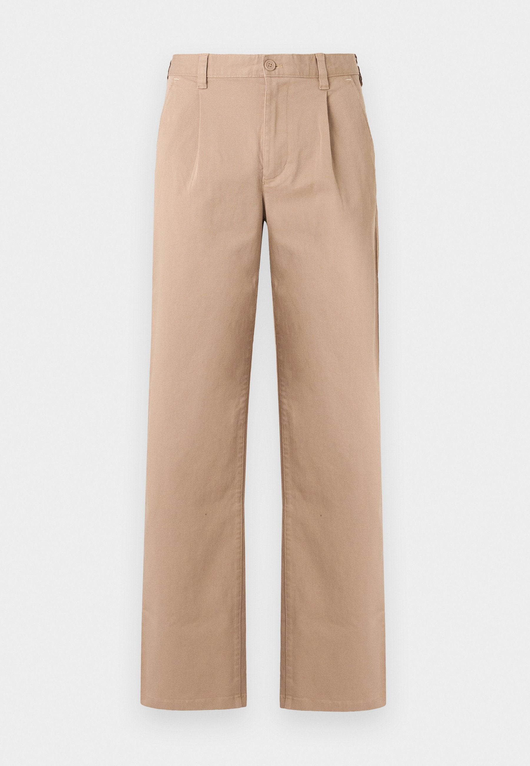 Beige Gerade-Leg-Hosen mit Gürtelschlaufen, vorderem Knopf- und Reißverschluss und dezenten Falten unterhalb des Bundes.