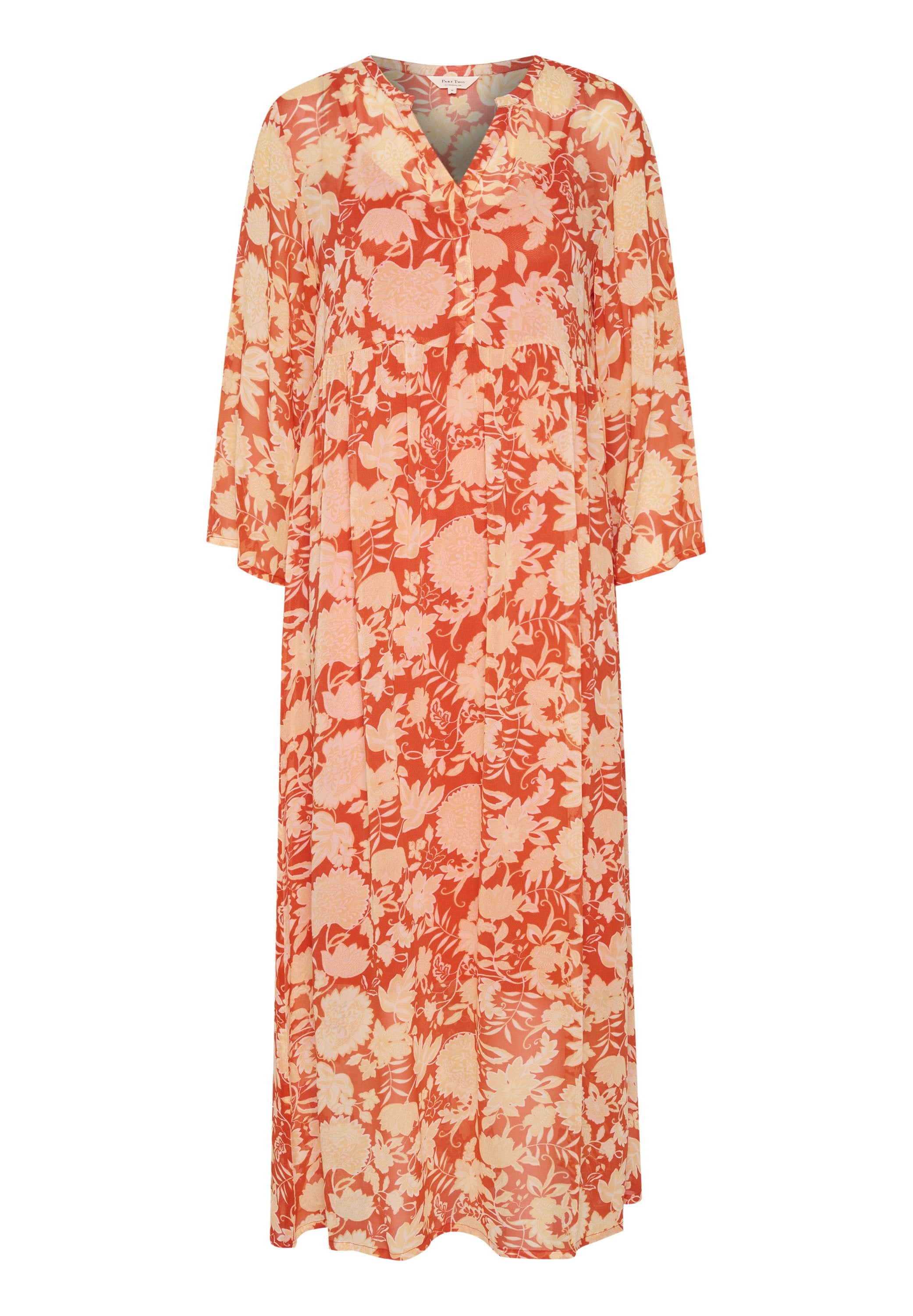 Langes, lockeres Kleid in Korallenfarbe mit cremefarbenen Blumenmustern. Verfügt über einen V-Ausschnitt und lange Ärmel. Leichter, halbtransparenter Stoff.