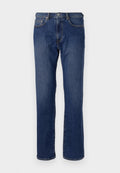 Blaue Denim-Jeans mit geradem Schnitt, fünf Taschen, einem Reißverschluss und einer Metallknopfverschluss. Leichte Ausbleichung im Stoff.