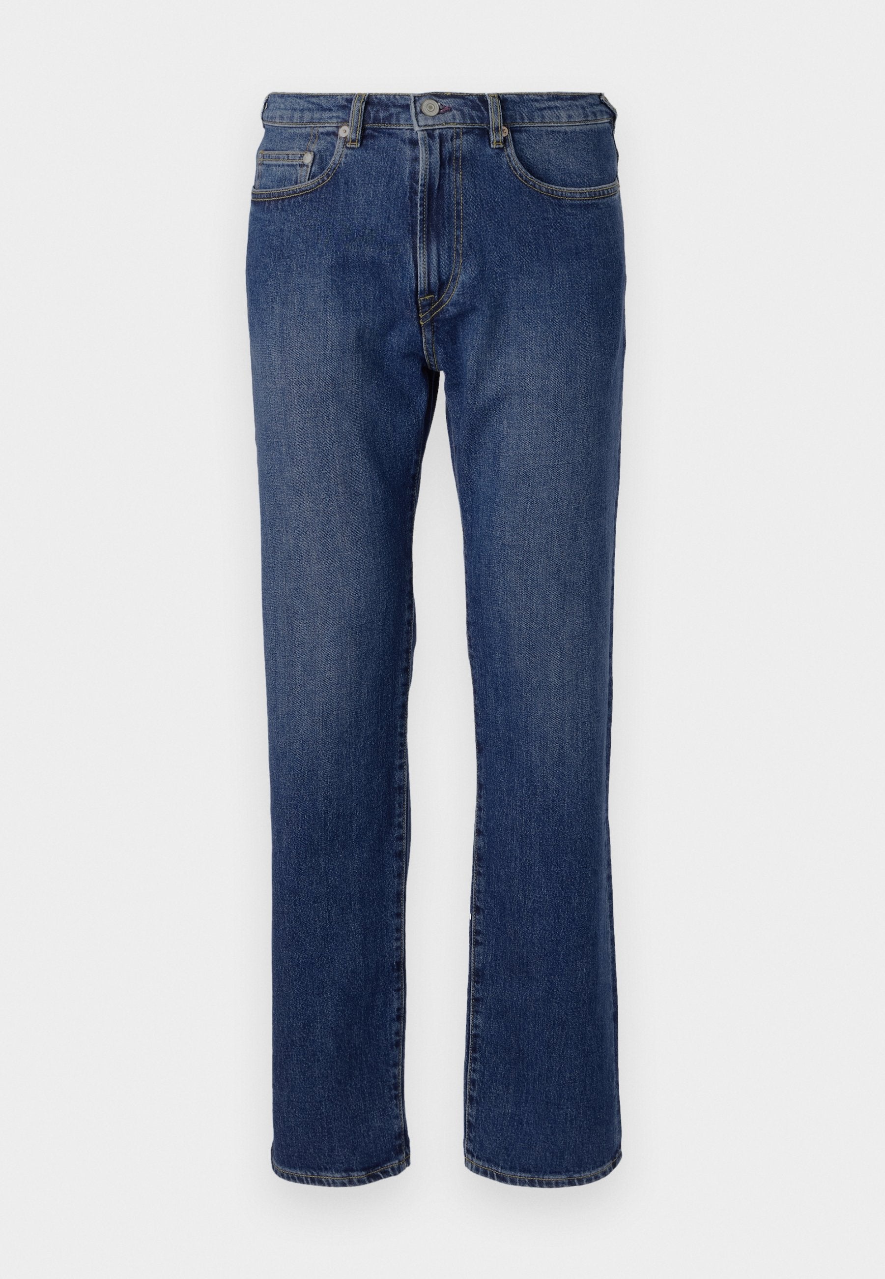 Blaue Denim-Jeans mit geradem Schnitt, fünf Taschen, einem Reißverschluss und einer Metallknopfverschluss. Leichte Ausbleichung im Stoff.