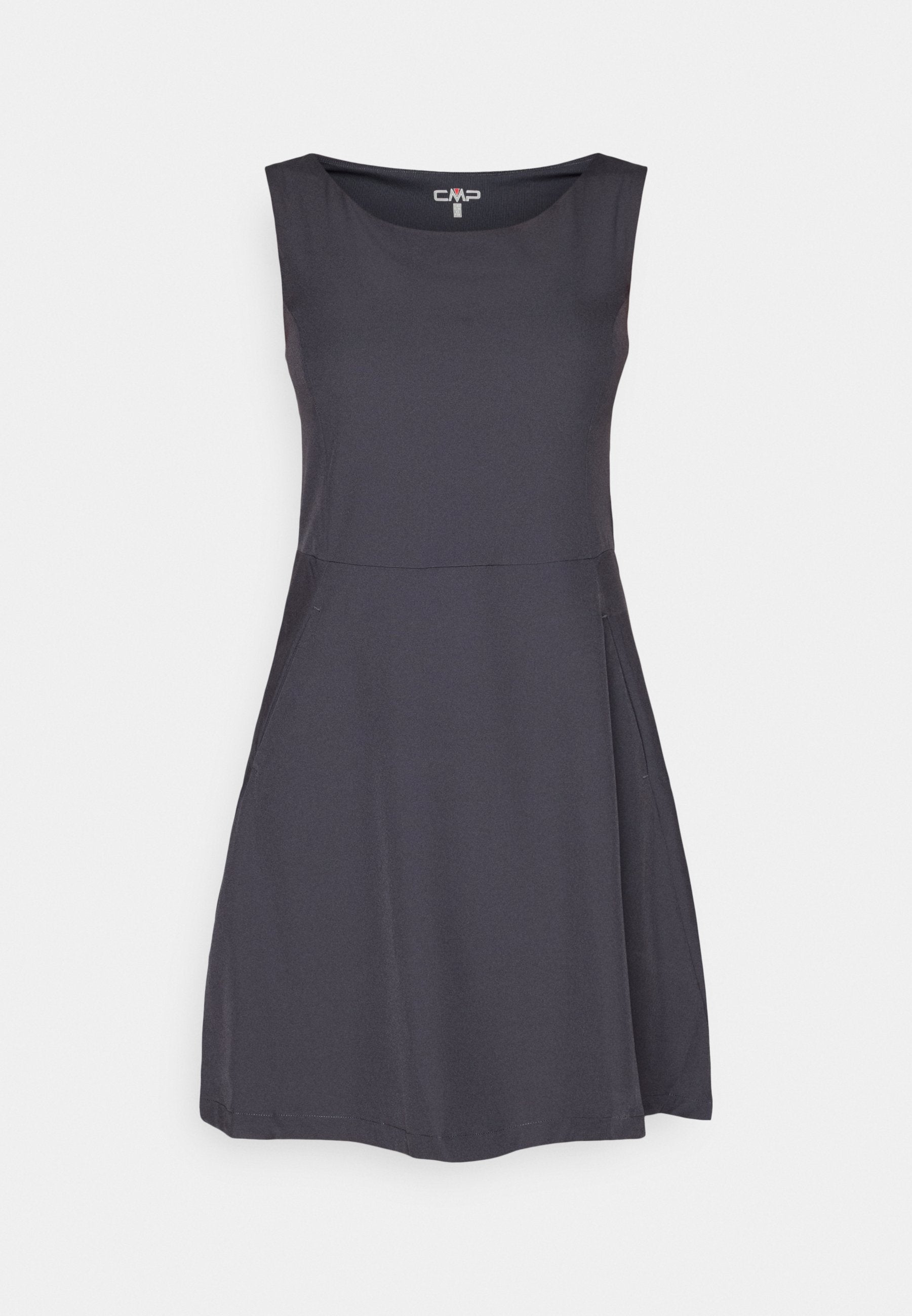 Ärmelloses dunkelgraues knielanges Kleid mit rundem Ausschnitt und tailliertem Bund, aus glattem Stoff mit seitlichen Eingrifftaschen.