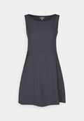 Ärmelloses dunkelgraues knielanges Kleid mit rundem Ausschnitt und tailliertem Bund, aus glattem Stoff mit seitlichen Eingrifftaschen.