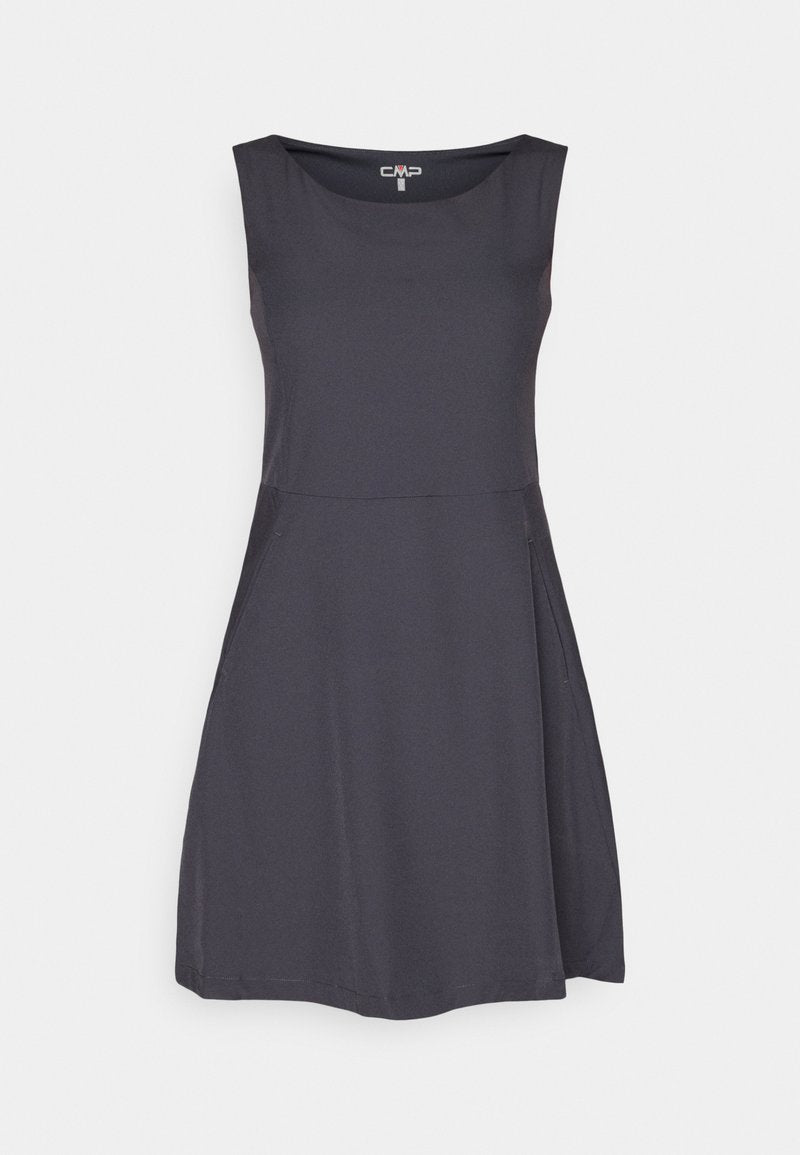 Ärmelloses dunkelgraues knielanges Kleid mit rundem Ausschnitt und tailliertem Bund, aus glattem Stoff mit seitlichen Eingrifftaschen.