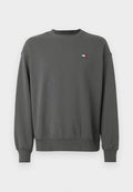 Grauer Kapuzenpullover mit rundem Halsausschnitt, gerippten Bündchen und Saum. Verfügt über ein kleines, farblich abgesetztes Logo auf der linken Brust. Glatte Stoffoberfläche.