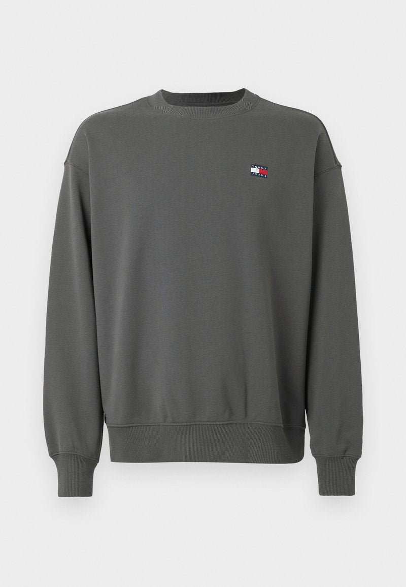 Grauer Kapuzenpullover mit rundem Halsausschnitt, gerippten Bündchen und Saum. Verfügt über ein kleines, farblich abgesetztes Logo auf der linken Brust. Glatte Stoffoberfläche.