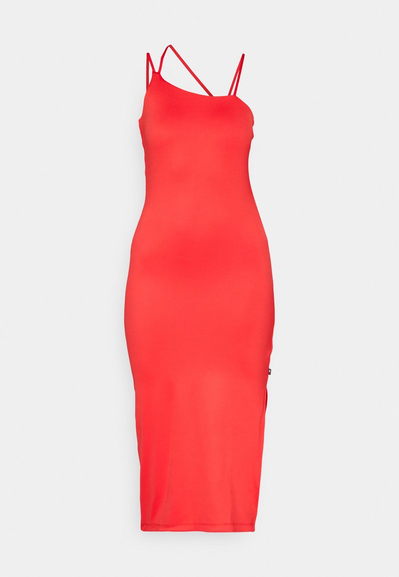 Rotes, tailliertes Kleid mit dünnen, verstellbaren Trägern, einem rund ausgeschnittenen Ausschnitt und einem Oberschenkellangen Saum. Glattes, dehnbares Material ohne sichtbare Muster.