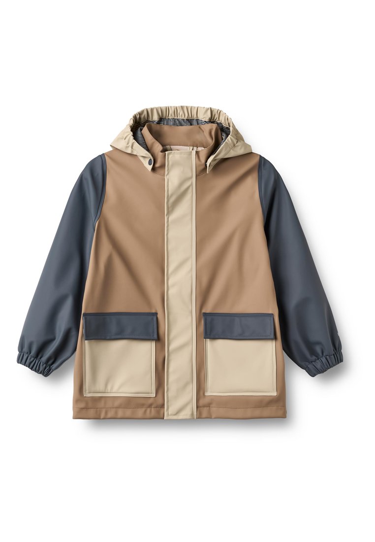 Farbenfrohe Jacke mit einem beigen Körper, marineblauen Ärmeln und hellbeigen Akzenten. Verfügt über eine Kapuze, elastische Bündchen und zwei Vorderentaschen. Glatte Textur.