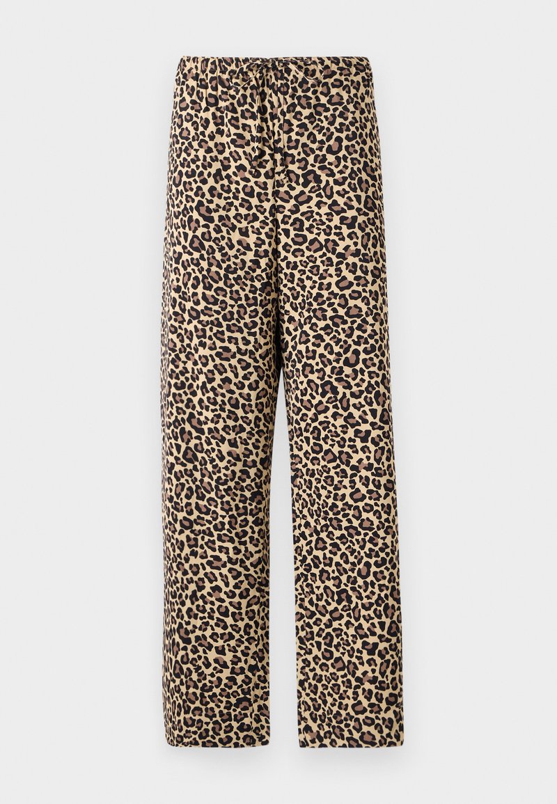 Leopardenmuster-Hose mit einem elastischen Bund, leichtem Material, geradem Bein und einem hellbraunen Hintergrund mit dunklen braunen Flecken.