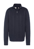 Marineblauer, gestrickter Pullover mit einem Reißverschluss am Stehkragen, einem strukturierten Zopfmuster sowie gerippten Bündchen und Saum. Hergestellt aus einem weichen Stoffgemisch.