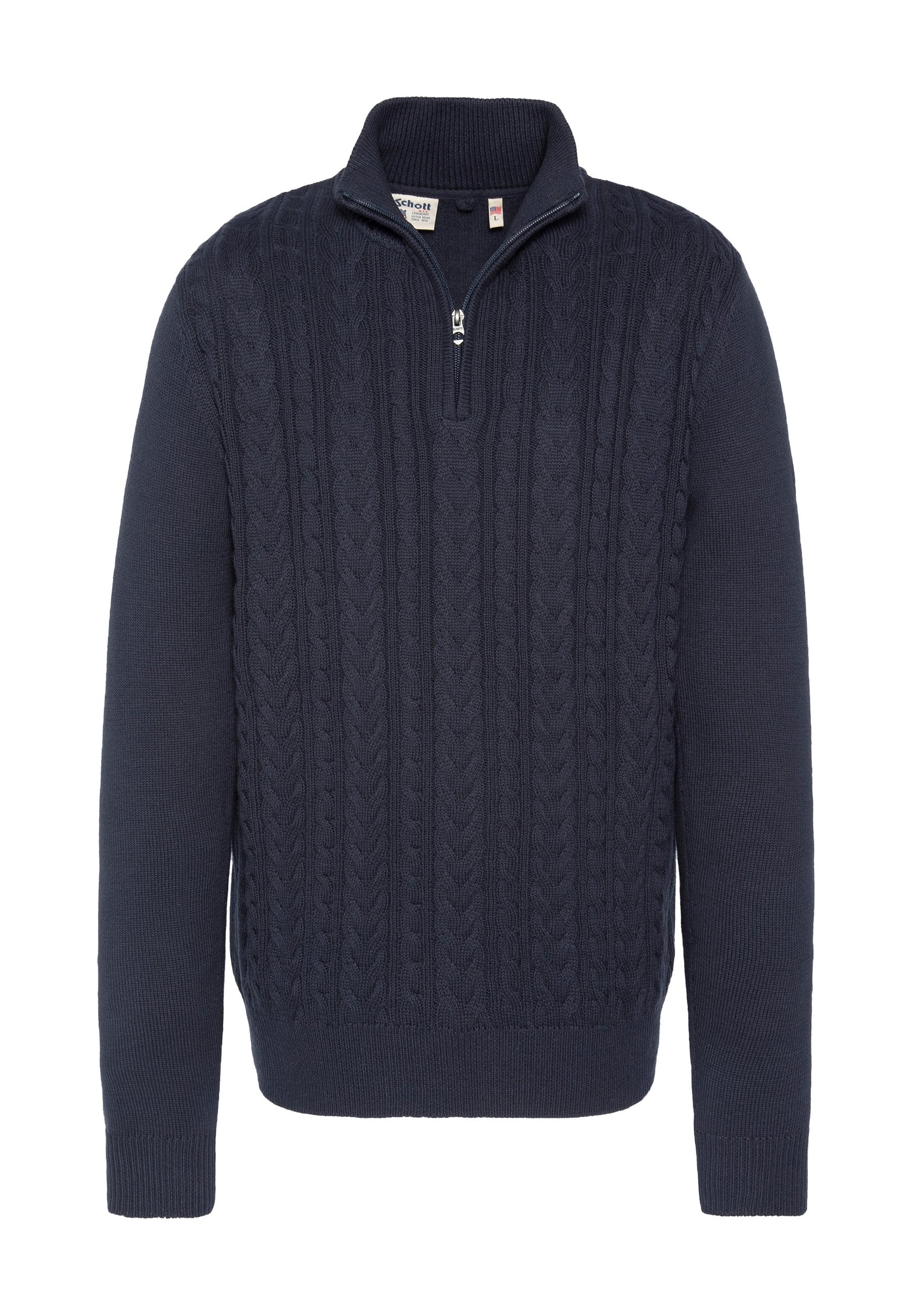 Marineblauer, gestrickter Pullover mit einem Reißverschluss am Stehkragen, einem strukturierten Zopfmuster sowie gerippten Bündchen und Saum. Hergestellt aus einem weichen Stoffgemisch.