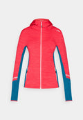 Roter und türkisfarbener langärmeliger Zip-Hoodie mit Daumenlöchern und seitlichen Reißverschlusstaschen, entworfen für aktive Nutzung.