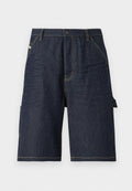 Dunkelblaue Denim-Shorts mit geradem Schnitt, fünf Taschen, gelben Nähdetails und einer seitlichen Tasche für zusätzliche Funktionalität.