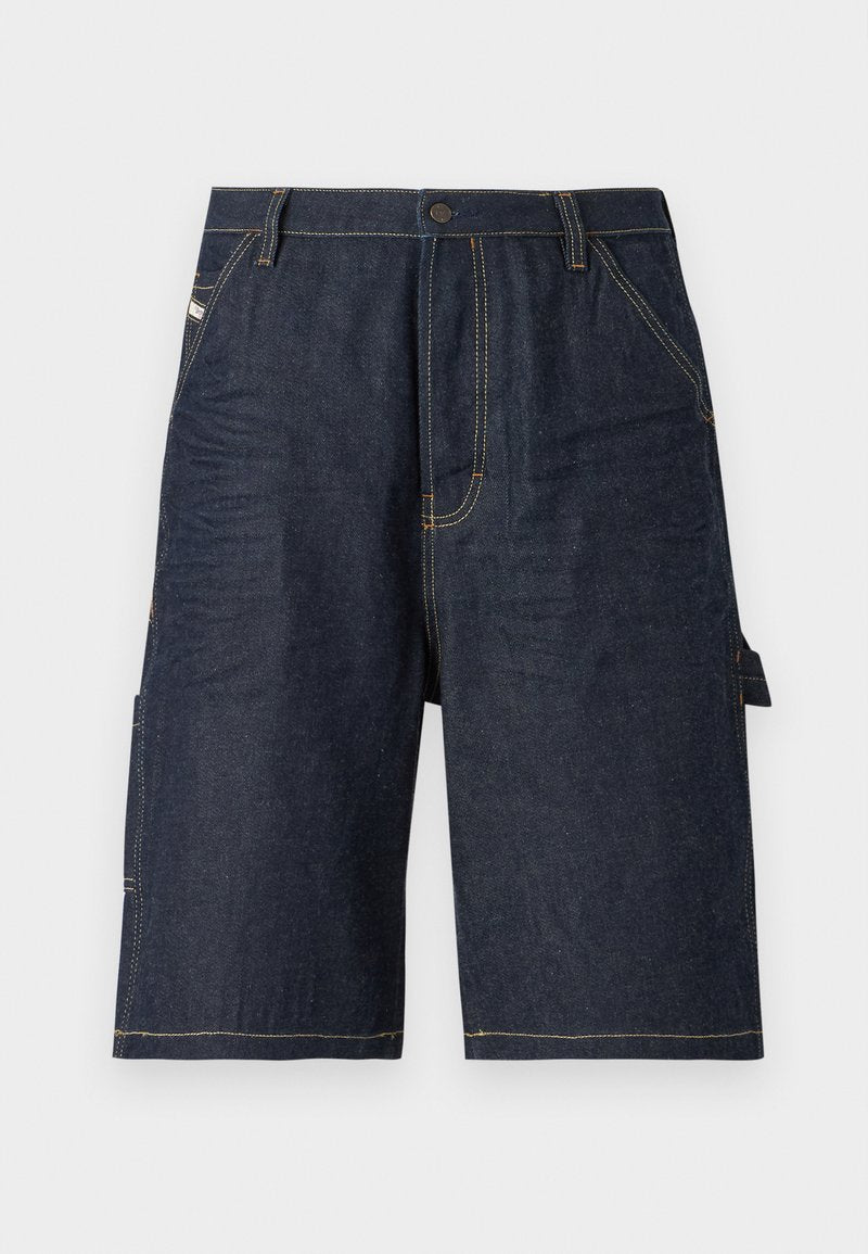 Dunkelblaue Denim-Shorts mit geradem Schnitt, fünf Taschen, gelben Nähdetails und einer seitlichen Tasche für zusätzliche Funktionalität.