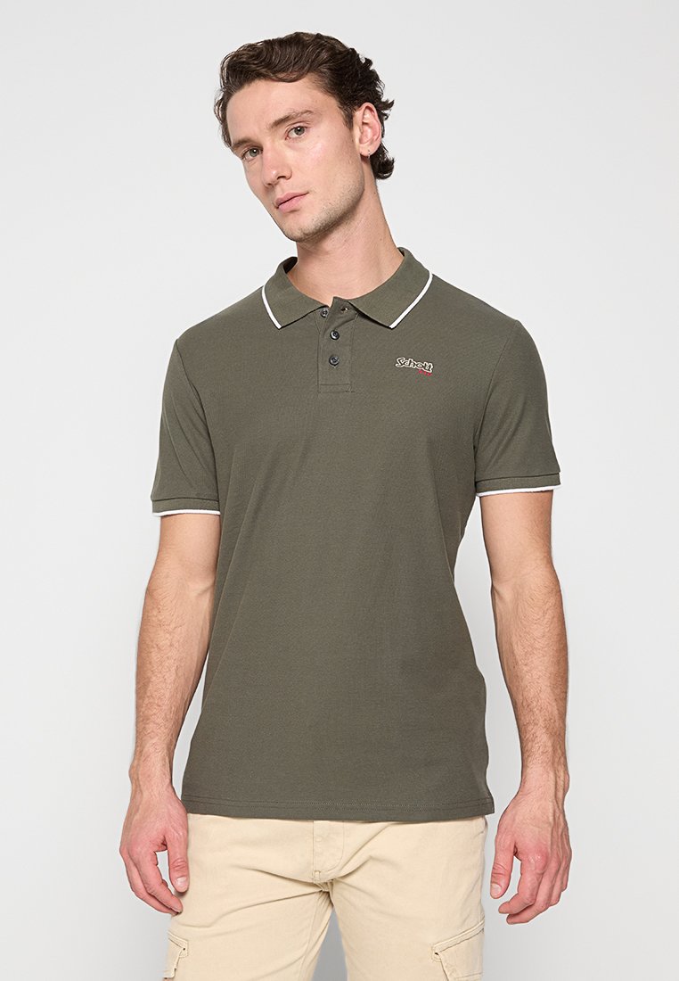 Olivenfarbiges Poloshirt aus Baumwolle mit kontrastierendem weißen Kragen und Ärmelabschlüssen, einer Knopfleiste mit drei Knöpfen und gesticktem Logo.