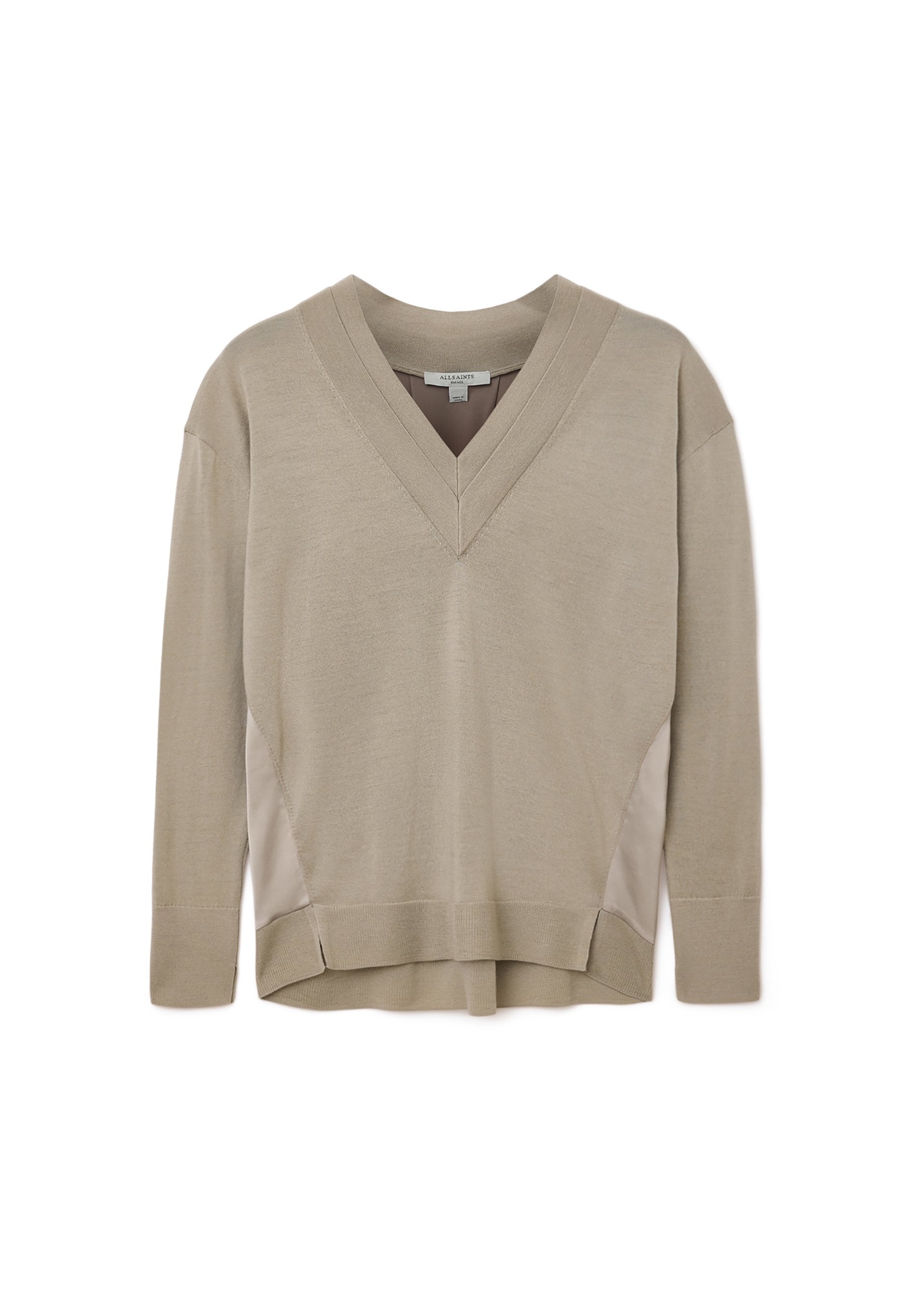 Beige Pullover mit langen Ärmeln und V-Ausschnitt, ausgestattet mit gerippten Bündchen und Saum. Er verfügt über seitliche Panel-Akzente und einen leichten High-Low-Saum.