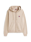 Beige Zip-Hoodie aus Baumwoll-Mix. Besitzt eine große Fronttasche, gerippte Bündchen und ein Logopatch auf der Brust. Mit Kapuze.